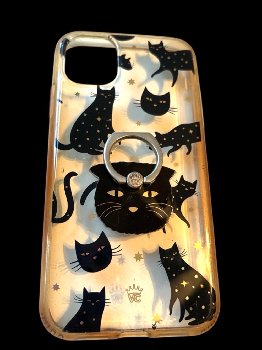 Velvet Caviar Clear Black Cat Pattern IPhone 11 Case with Silver Ring Grip -